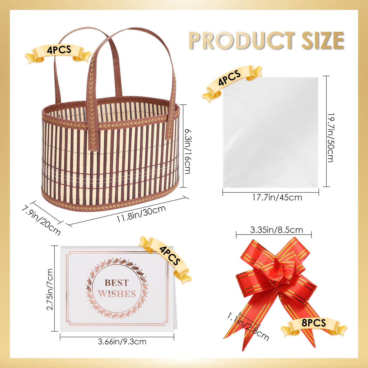 TXMLXY 4 Set Baskets for Gifts Empty, Sturdy Woven Bamboo Gift Basket Kit for Baby Shower, Birthday Party and Housewarming, Includes Gift Bags and Gift Cards.