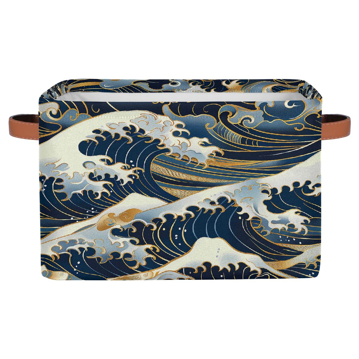 HSYOYO Ocean Waves Japanese Storage Basket with Handles Collapsible Storage Bins Rectangular Toy Storage Organizer Box Fabric Shelf Baskets for Nursery Bedroom Bathroom 1PC