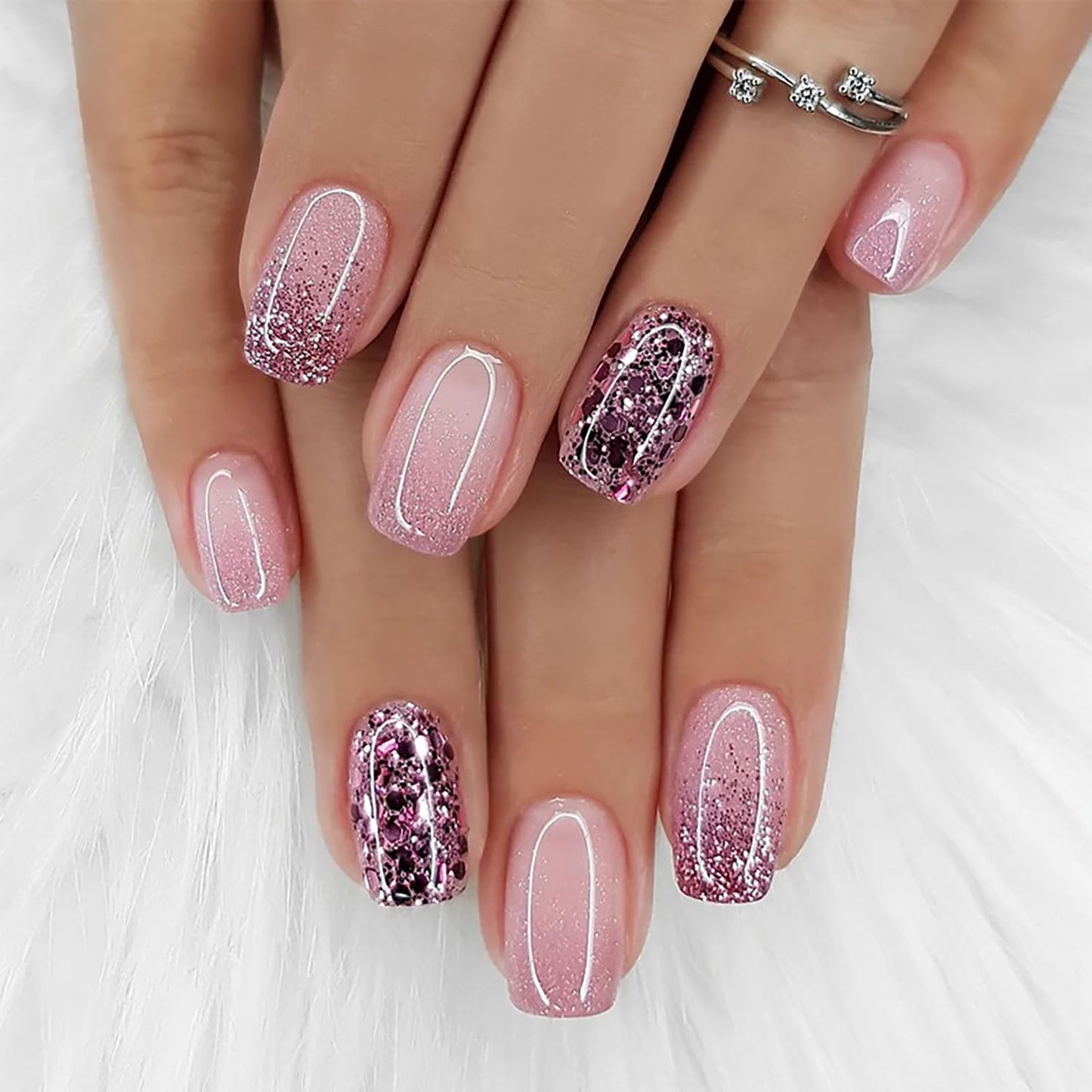 Medium Press on Nails Pink Gradient Fake Nails Full Cover Sparkly False Nails Purple Glitter Acrylic Nails Cute Press on Nails Square Glue on Nails Bling Fake Nails for Women Manicure Kit 24Pcs