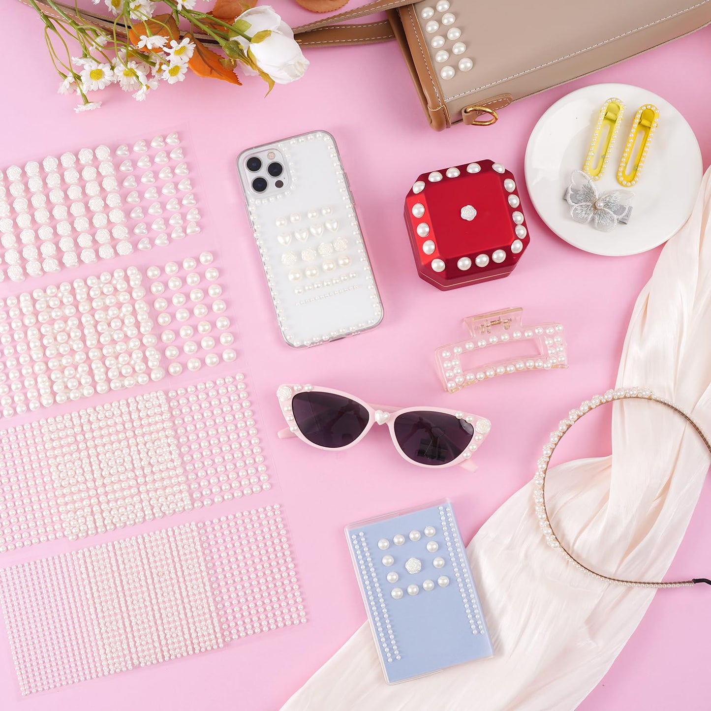MYDBUYSOME 3701PCS Pearl Stickers Pearls for Crafting - Self Adhesive Pearls for Hair Face Makeup Eye Nail Crafts, Stick On Gems (White, Assorted Sizes)