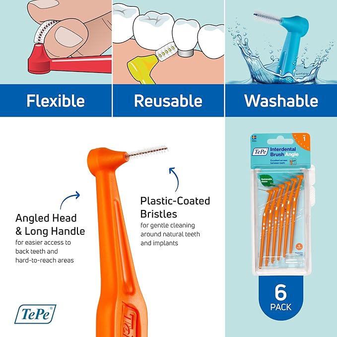 TePe Interdental Brush Angle, Angled Dental Brush for Teeth Cleaning, Pack of 6, 0.45 mm, Extra-Small/Small Gaps, Orange, Size 1