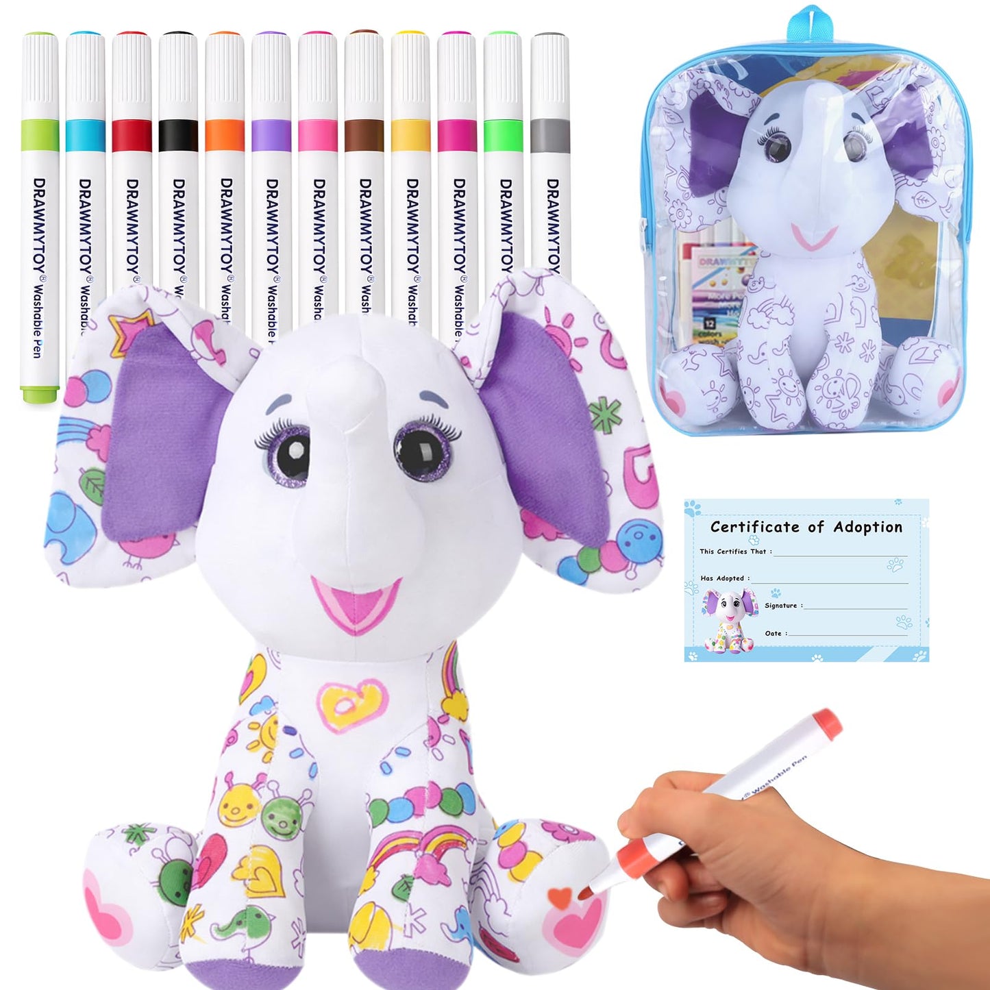 DRAWMYTOY DIY Coloring Plush Toy with Washable Markers, Scribble Pets Stuffed Animal, Doodle Dolls Art Toy for Boys and Girls Ages 3-8, Birthday Gift (Elephant)