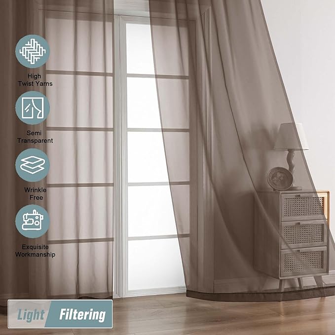 Chocolate Sheer Curtains for Window 96 Inches Long 2 Panels Set, Soft Airy Light Filtering Voile Sheer Curtains for Living Room Bedroom, Dual Rod Pocket Elegant Window Drapes, 2x42Wx96L Inches