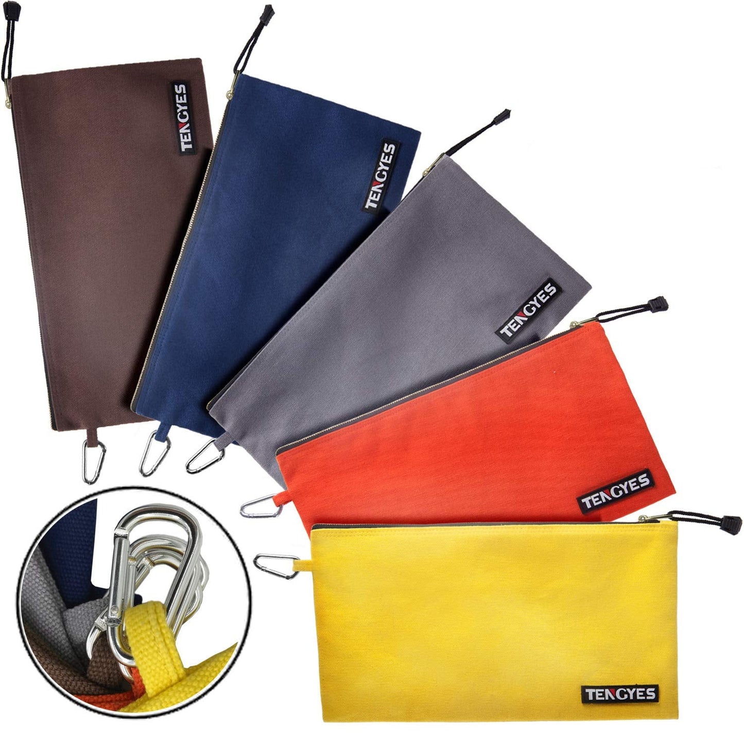 TENGYES Canvas Tool Pouch Zipper Bag - 5 Pack Utility Bags Heavy Duty Metal Zippers Pouches with Carabiner, Multi Storage Organizer Clip on Tote Bags