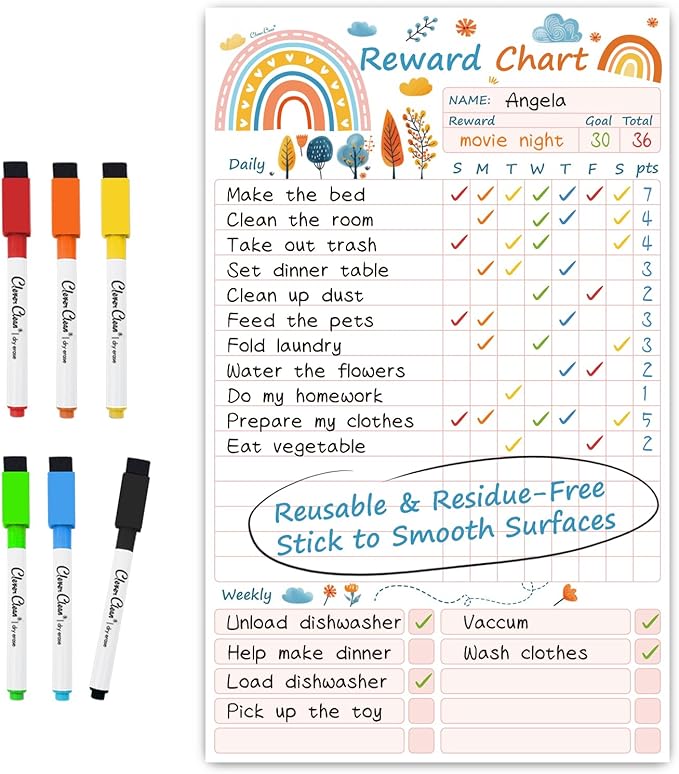 Clever Clean Dry Erase Chore Chart for Kids, Reusable Reward Chart, Non-Magnetic Kids Chore Board Clings to Any Smooth Surfaces, 6 Dry Erase Markers Included (Rainbow)