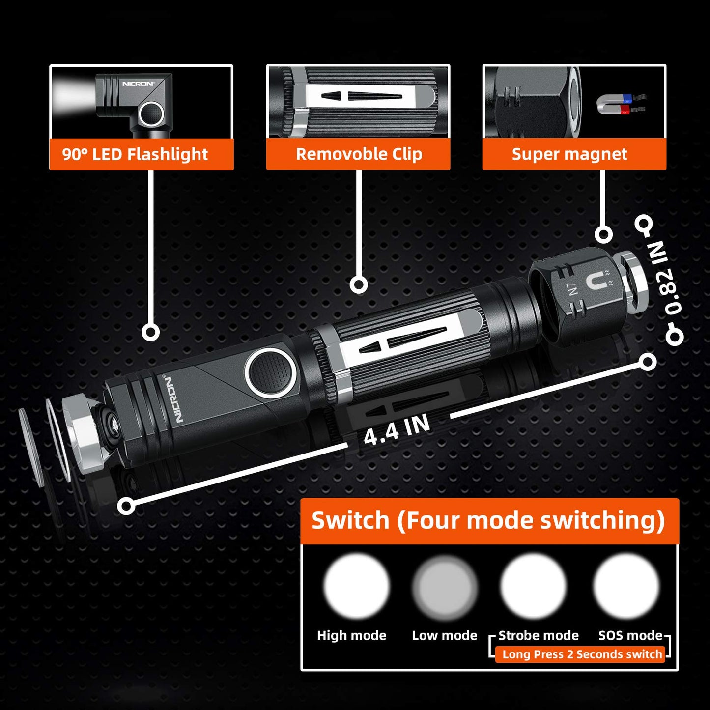 NICRON Flashlight, N7 600 Lumens Tactical Flashlight, 90 Degree Ip65 Waterproof Led Mini Flashlight 4 Modes- Best High Lumens are for Camping, Outdoor, Hiking （Not Including Batteries） Gift