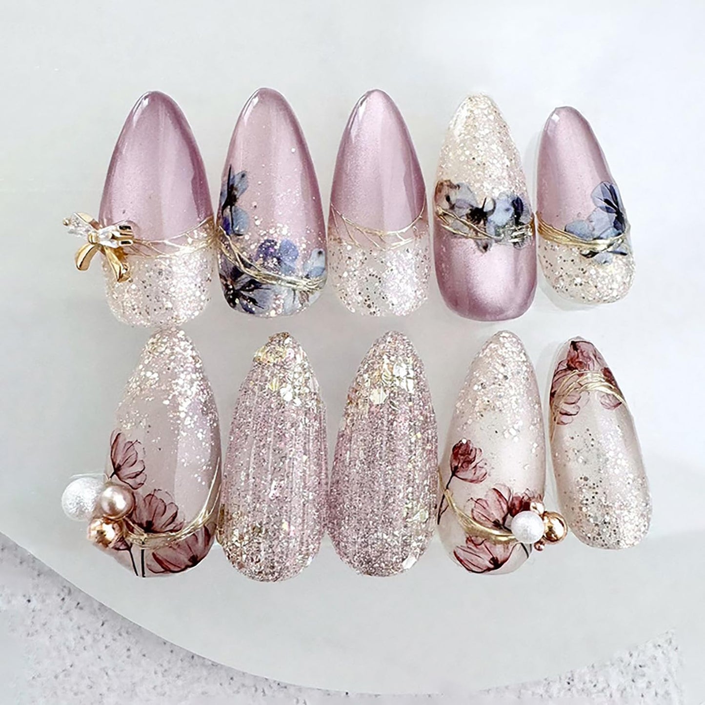 Flower 3D Press on Nails Almond Medium Pearl Bow Design Purple French Acrylic False Nail Full Cover Glitter Powder Artificial Fingernails Press Ons Floral Stick on Nails DIY Glue on Nails for Women