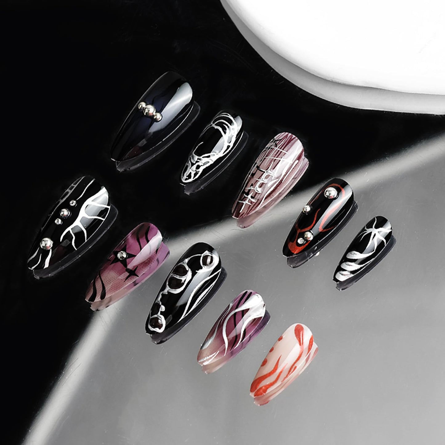 VOTACOS Goth Red Black Press on Nails Almond Medium Acrylic Fake Nails Press Ons with Glue 24Pcs Silver Lines Beads Y2K Stick on Nail with Designs 3D Star Artificial Glue on False Nail for Women