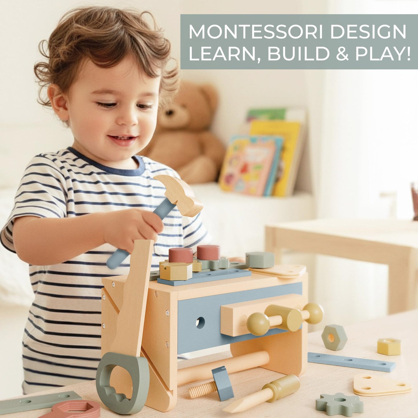 Durable Wooden Tool Set for Toddlers - Montessori Tool Box Kit with Hammer for Boys & Girls 2-5 Years - Fun Christmas Toy Gift for Kids with 30+ Safe Tools for Creative Play