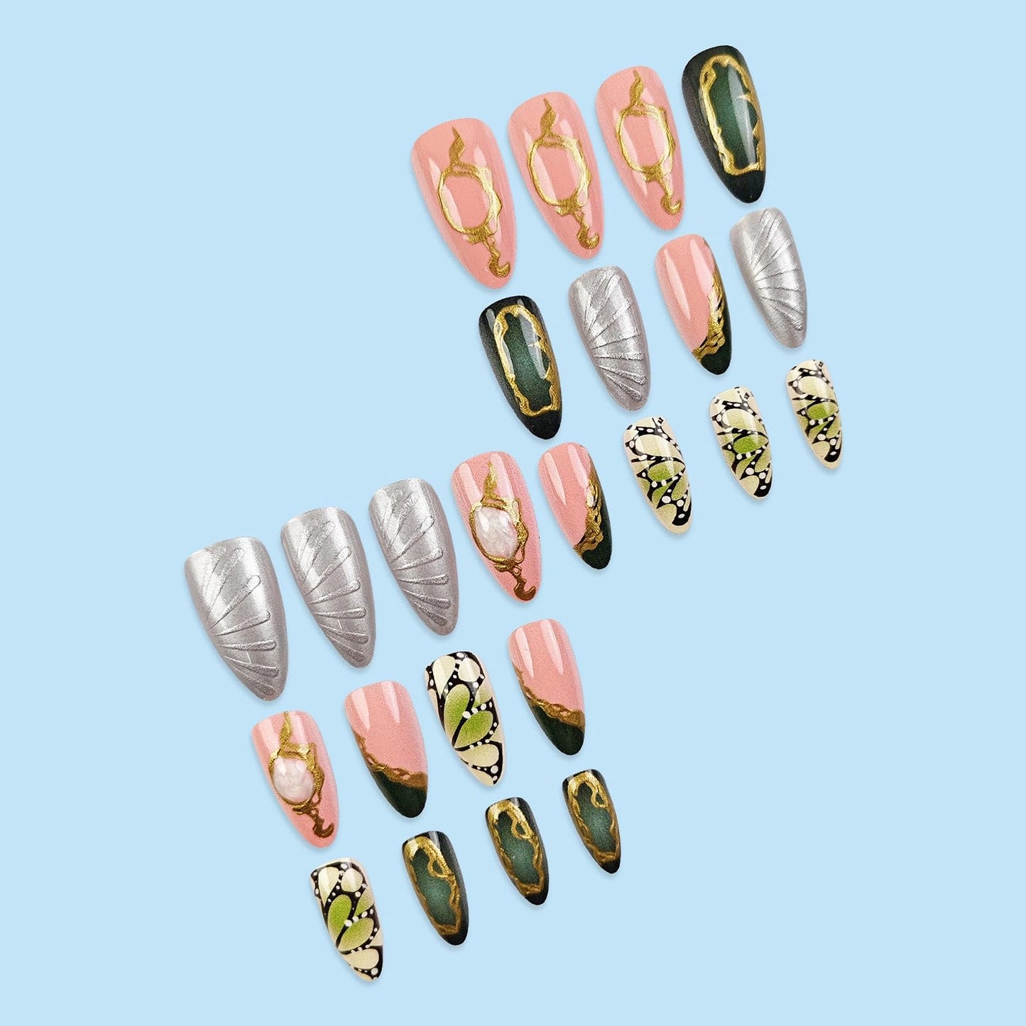 MISUD Press on Nails - Medium Almond Fake Nails with Green Butterfly, Acrylic Gold Chrome Design 24 pcs