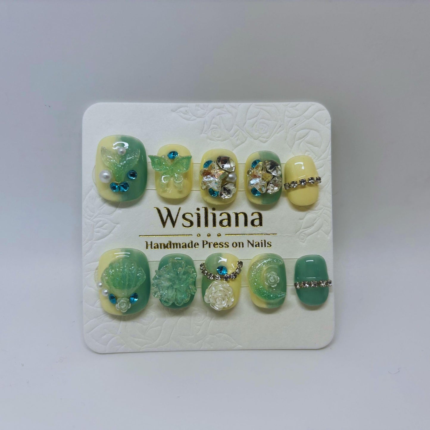 Wsiliana Handmade Fake Nails Press On Nails Medium Short Coffin Pink Tip 3D Design Art Charms Cute with Storage Box 10 Pcs (033, M)
