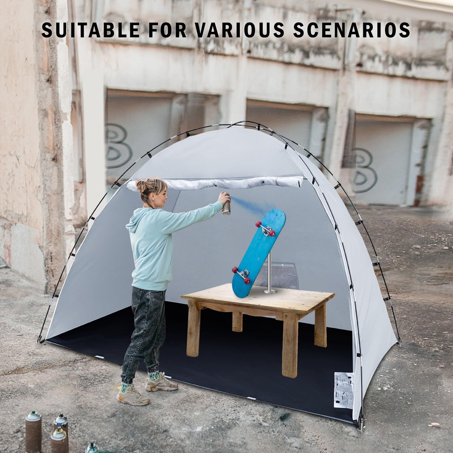 Portable Paint Booth Tent, Siebwin Large 8(L) x6(W) x6(H) ft Spray Paint Tent with Built-in Floor & Mesh Screen & Windproof Hooks for Furniture DIY Hobby Tool Spray Paint Shelter, Gray