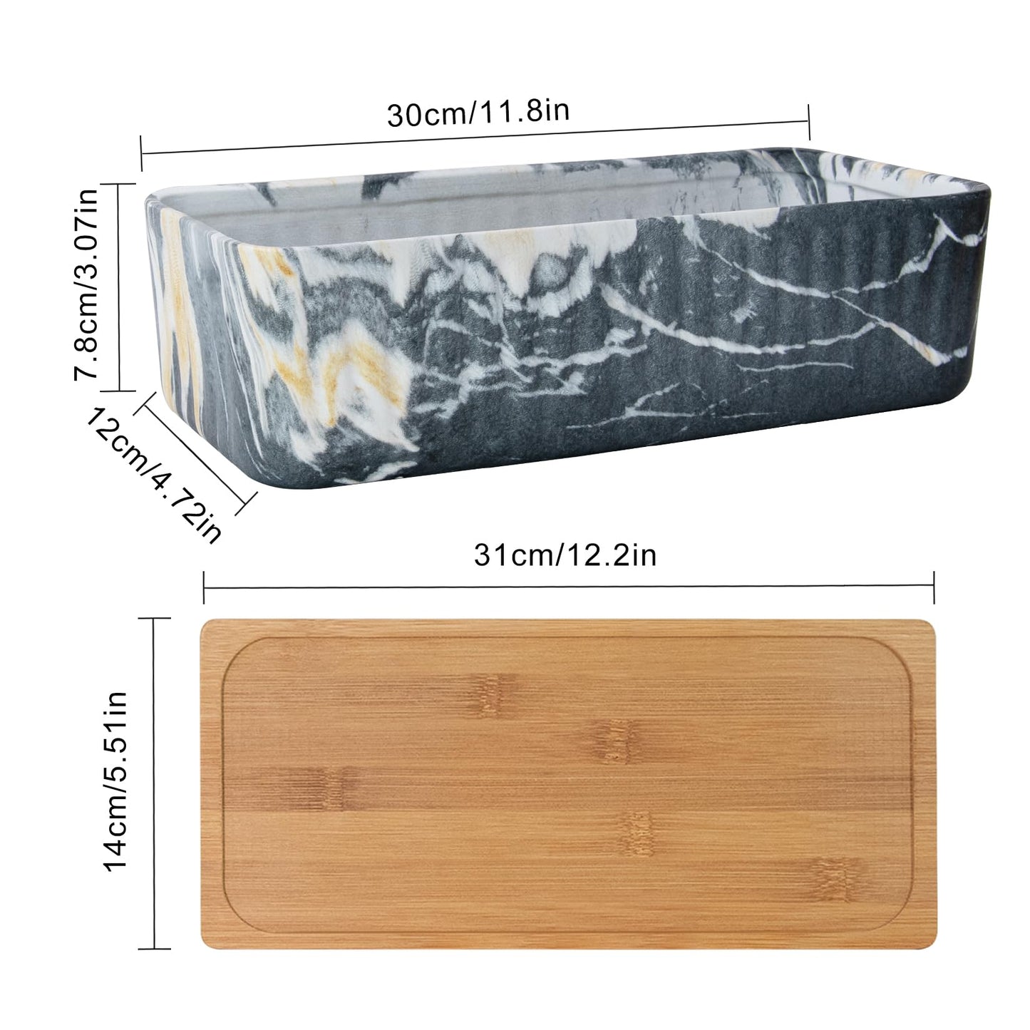 ARTKETTY Succulent Pots, Large Shallow Rectangle Planters with Drainage Tray, 12 Inch Long Window Sill Planter for Indoor Cactus Bonsai Plants, Ceramic Marble Window Box Planter Home Office Decor
