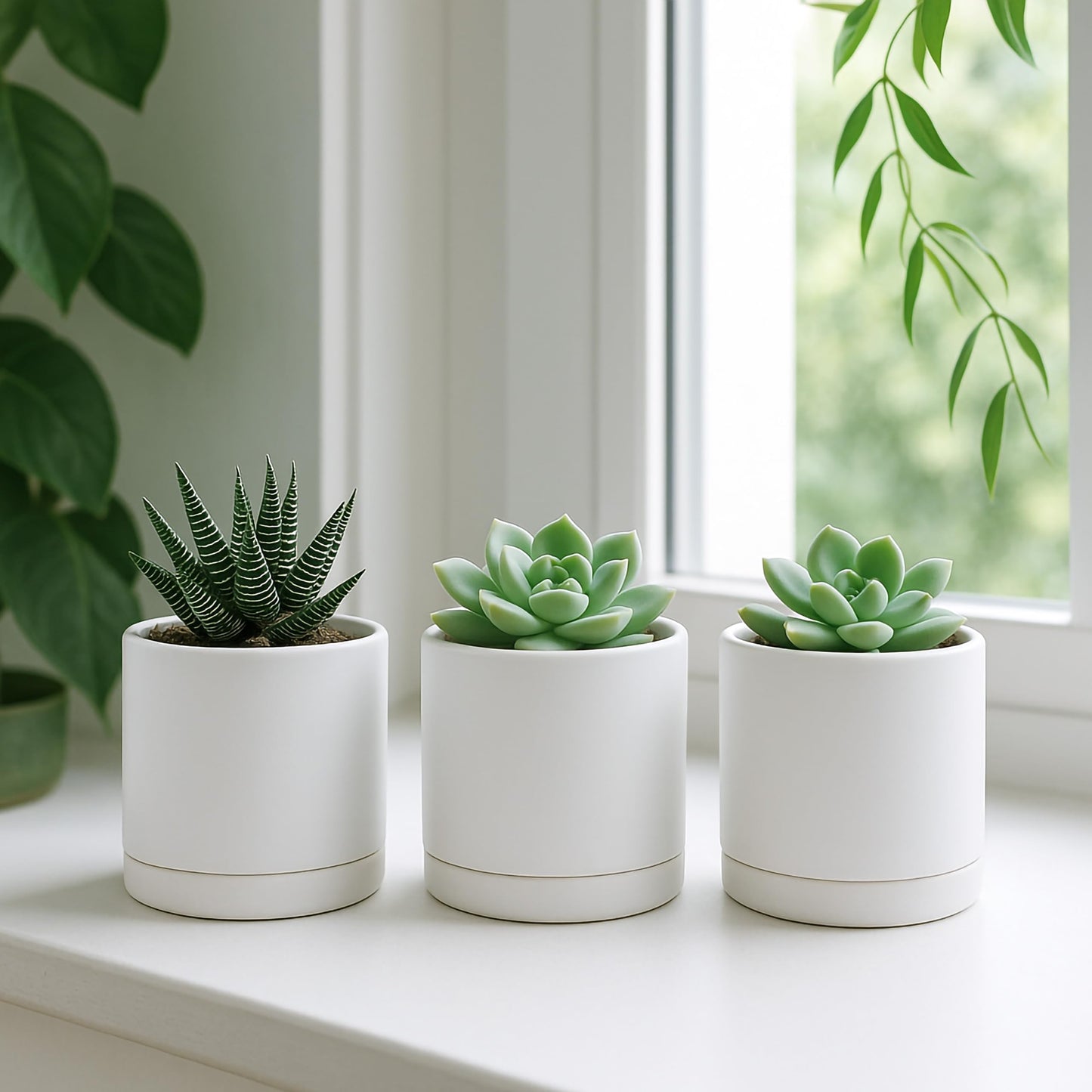 D'vine Dev Set of 3 Plants Pots, 3.5 Inch Ceramic Planter Pot for Plants with Drainage Hole and Saucer, White, 94-N-A-1
