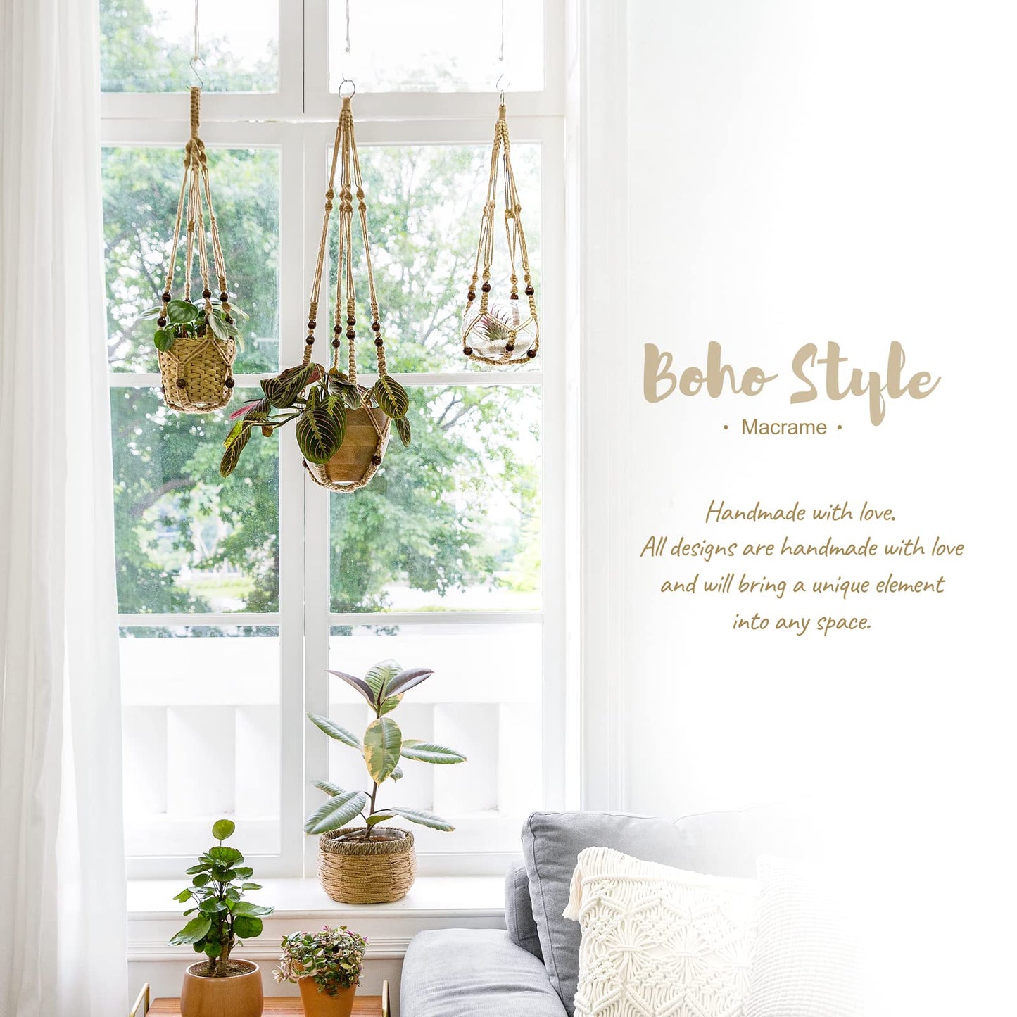 Mkono Macrame Plant Hangers Indoor Different Size and Ceiling Hooks Hanging Planter