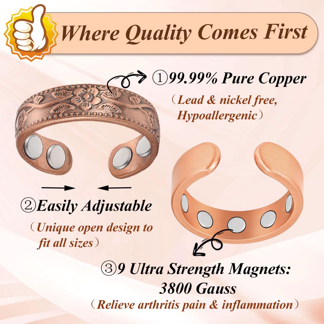 Cigmag 9X Copper Rings for Women, with Powerful Magnets, Adjustable Solid Pure Copper (Matte & Plum)