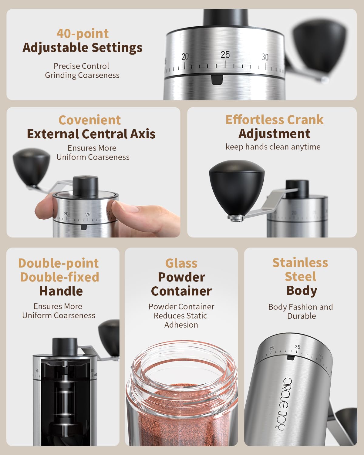 CIRCLE JOY Mini Manual Coffee Grinder with 40 External Adjustable Settings and Ceramic Conical Burr, Portable Stainless Steel Hand Coffee Grinder for Home and Travel