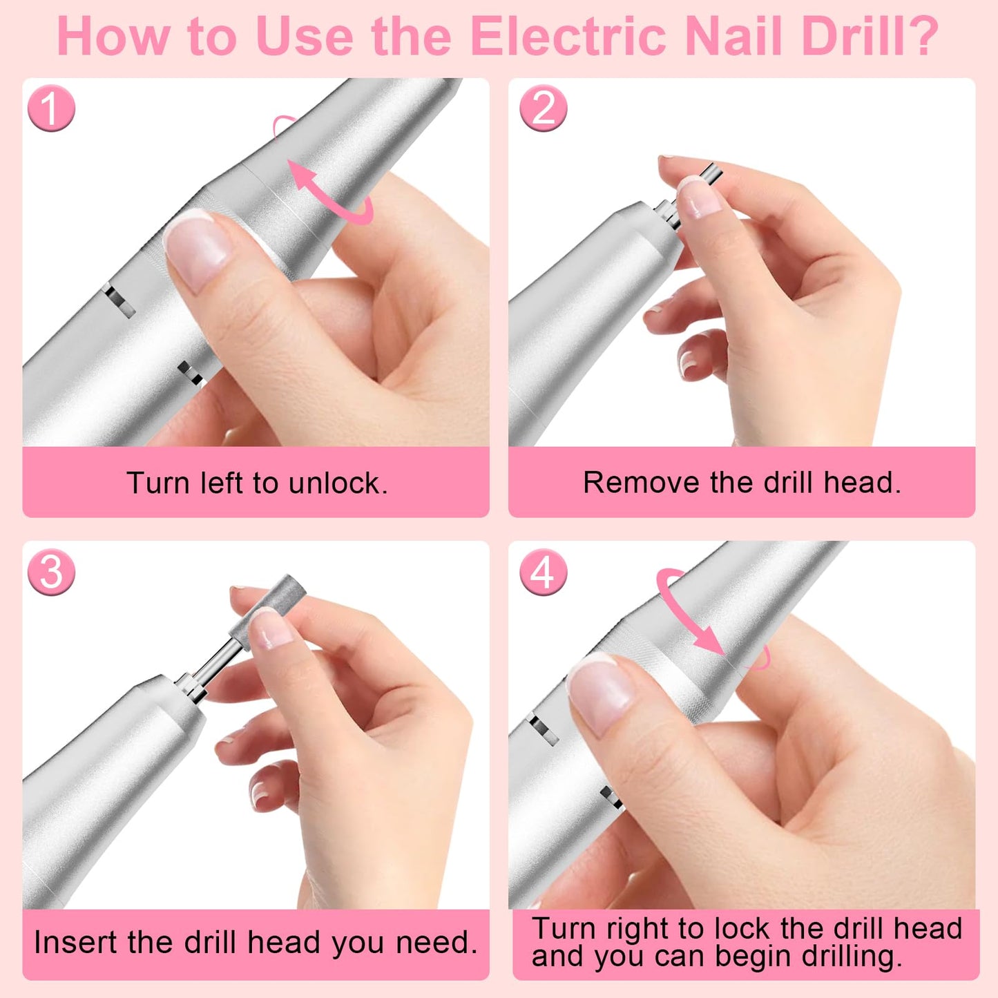 Professional Electric Nail Drill 40000RPM for Salon Home Use, Rechargeable Nail File Machine Kit with 12PCS Bits for Acrylic Gel Nails, Portable Efile Manicure Pedicure Tool (White)