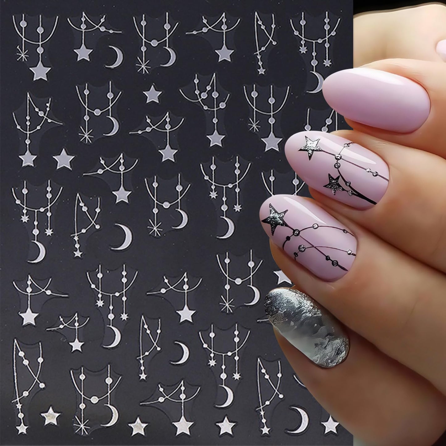 6Sheets Black Silver Line Nail Art Stickers 3D Self-Adhesive Stars Moon Nail Design Decals Y2K Style Nails Supplies Retro Line Moon Star Manicure Accessories for Women Acrylic Nails Salon Decorations
