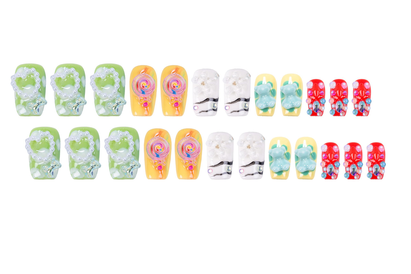 24Pcs Handmade Press on Nails, 3D Green Short Length Square False Nails with White Pearl Love, Cute & Sweet Manicure Kit for Women in Spring & Summer