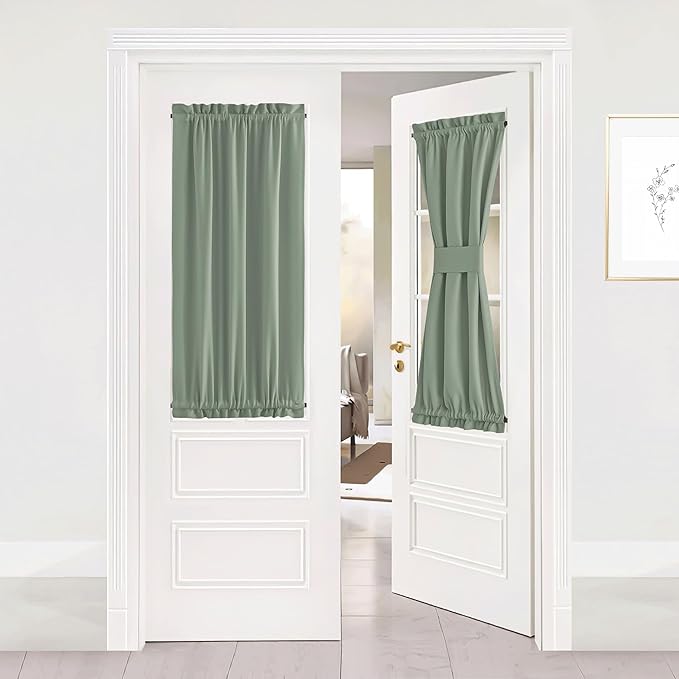 NICETOWN Front Door Curtains for Small Window, Rod Pocket Short French Sidelight Curtain for Back Door Christmas Window Cover Shade with Tieback, 1 Panel (Greyish Green, W25 inch x L40 inch)