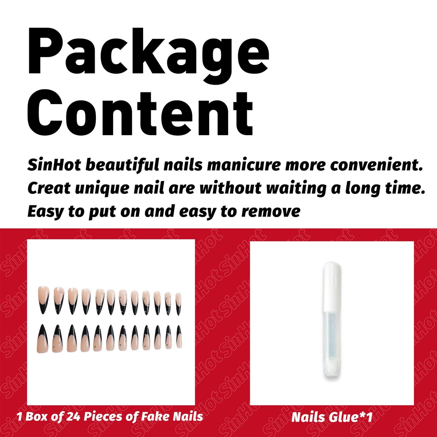 SINHOT Stiletto Press on Nails - Long Fake Nails, Glossy Finish, 3D Rhinestones & Black French Tip, DIY Artificial False Nail Art - 24 Pcs Nail Kit with Glue