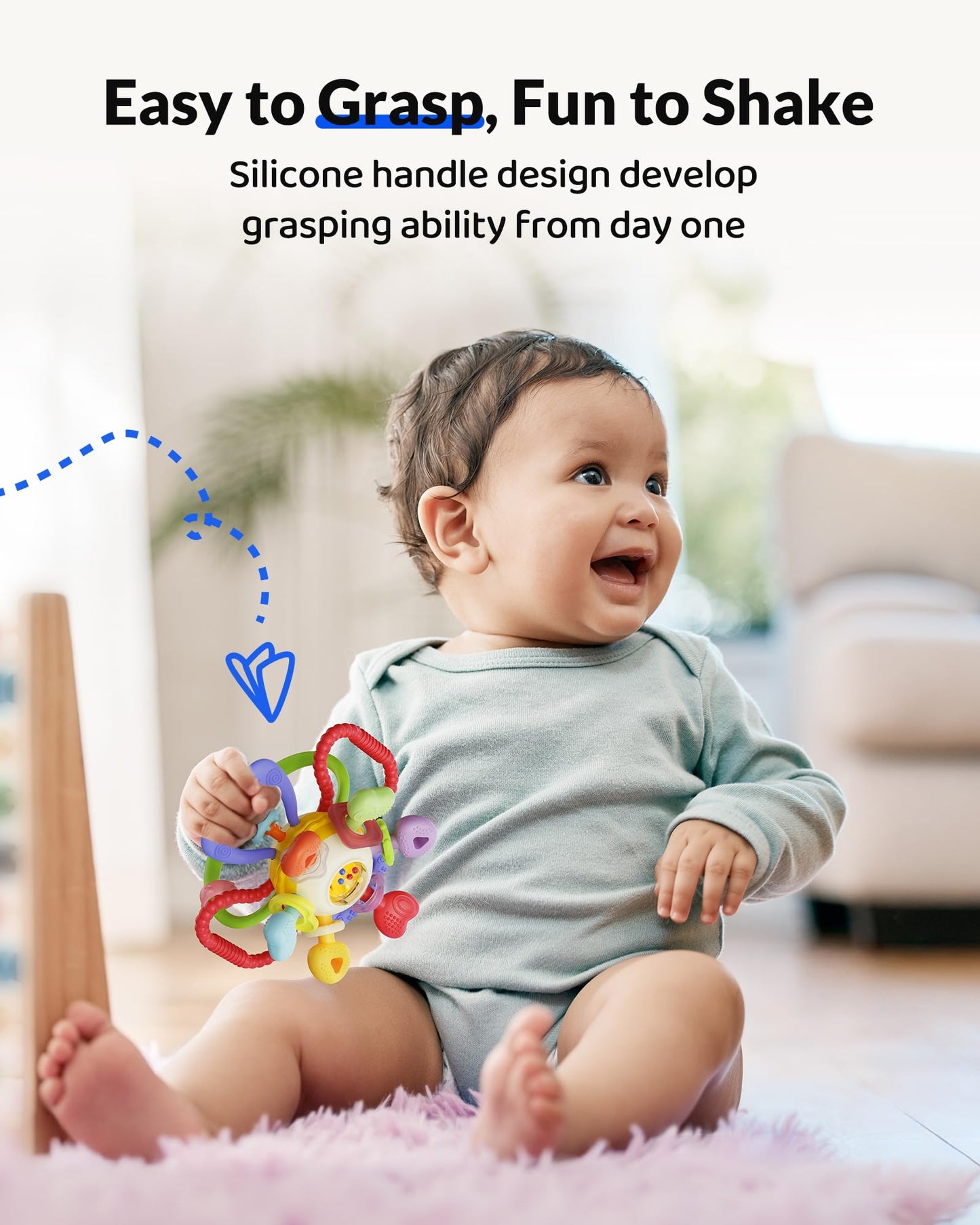 Baby Montessori Sensory Teething Toy - Safe, Multi-Functional BPA-Free Silicone Teether for Babies 0-12 Months - Teething Relief & Fun Play with Rattle - Perfect Baby Toys for Boys & Girls
