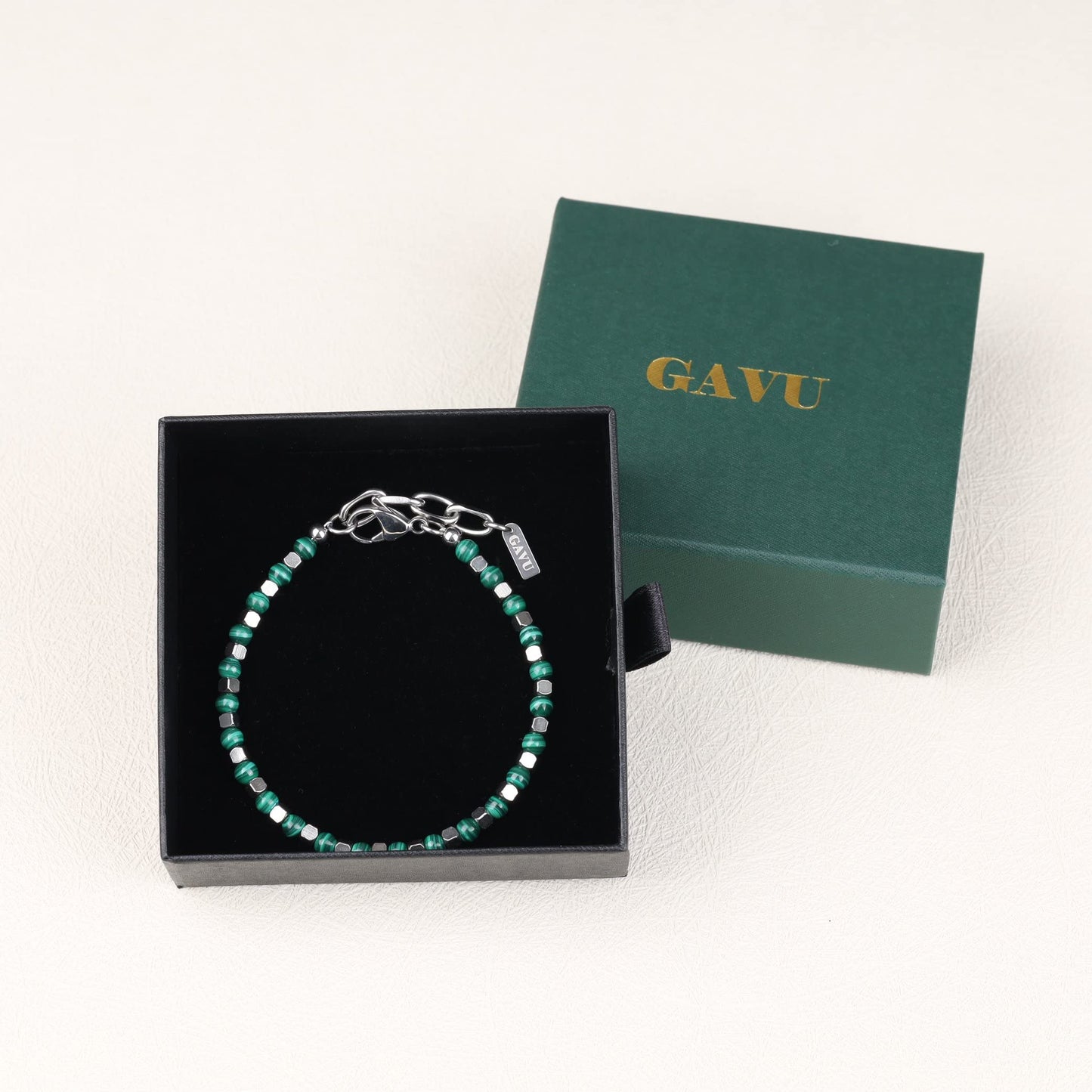 GAVU 4mm Men’s Malachite Bracelet, Italian Crystal Bracelet for Men