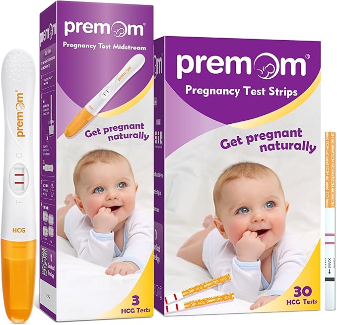 Premom Pregnancy Tests: hCG Strips 30 Pack + Pregnancy Test Stick 3 Pack Highly Accurate - Early Pregnancy Detection Kit for Rapid Results