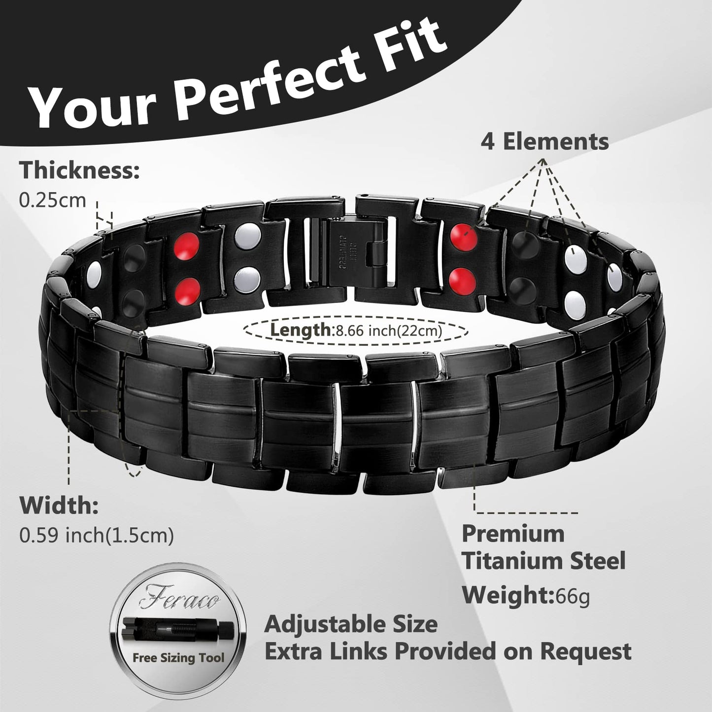 Feraco Mens Magnetic Therapy Bracelets Titanium Steel Bracelet with Double Row 4 Elements Magnets