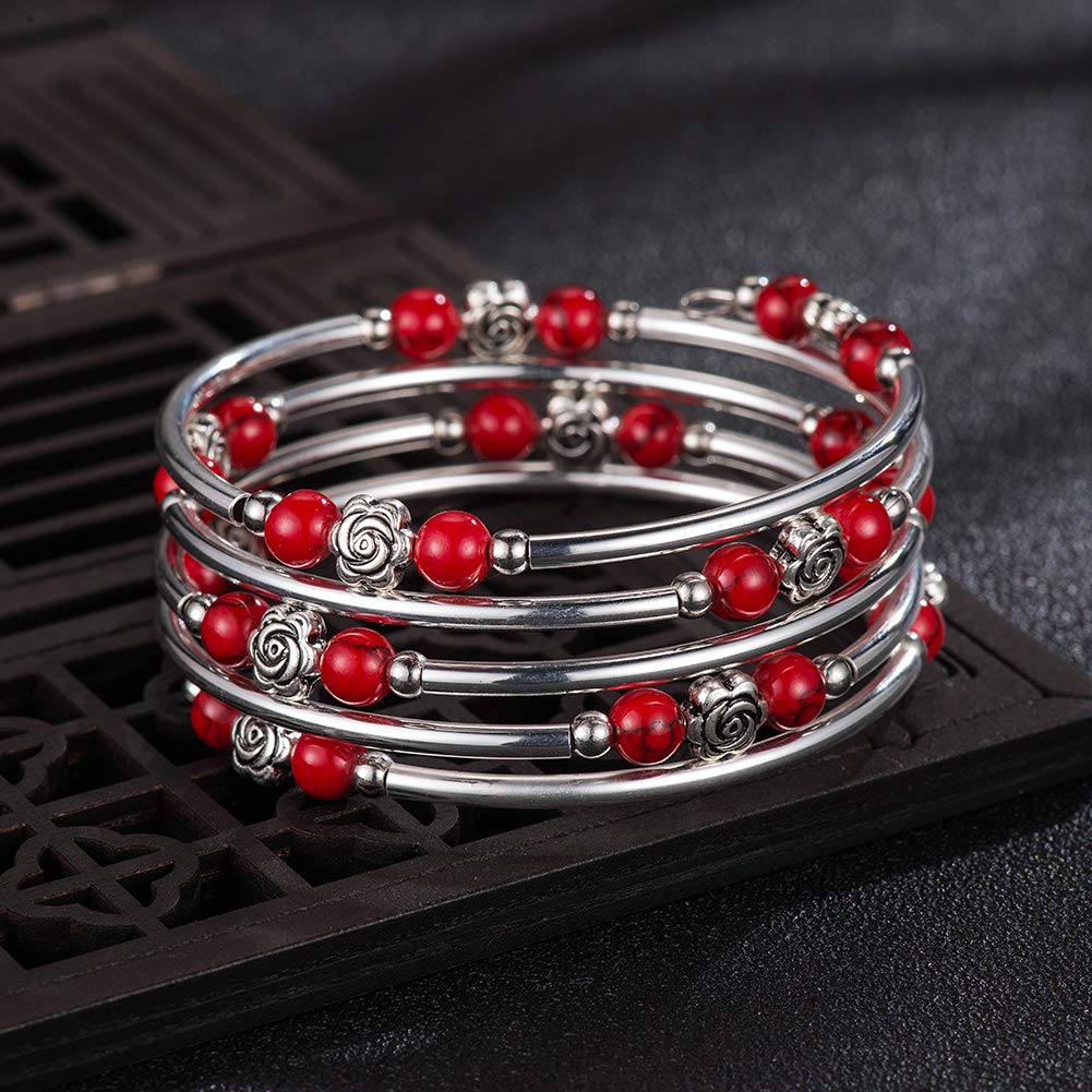 BULINLIN Wrap Bangle Rose Bead Bracelet - Beaded Bracelet with Natural Agate Stone Gifts For Women(01-Red turquoise)