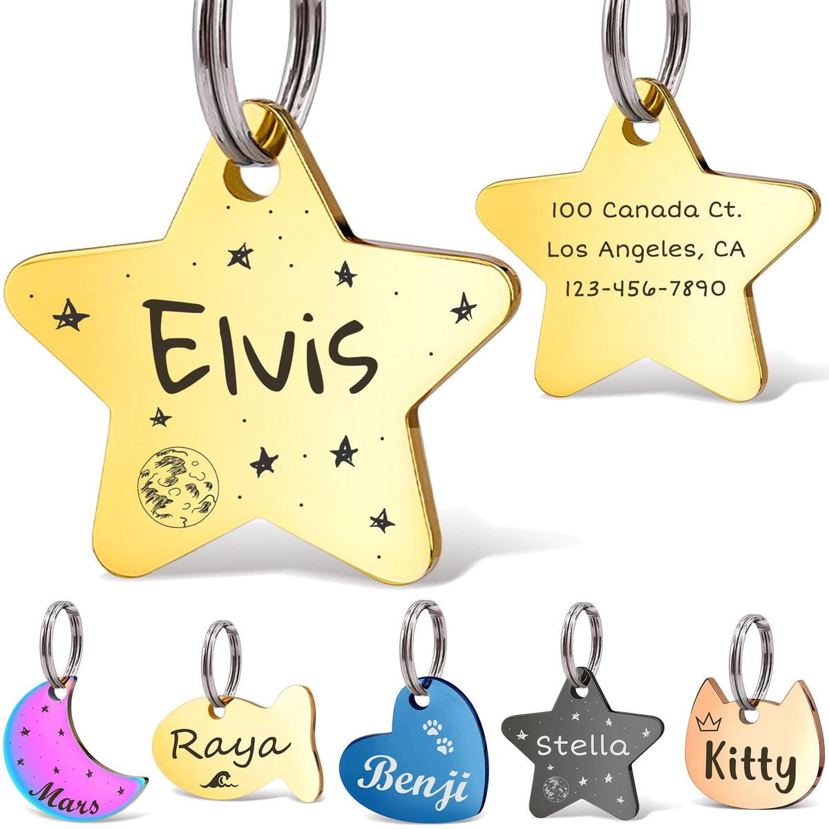 Anavia Small Size Dog Cat ID Tags, Small/XS Personalized Color Plated Stainless Steel Puppy Kitten Name Tags, Customized Engraved Nameplate Pet Collar Tag (Blue, Star)