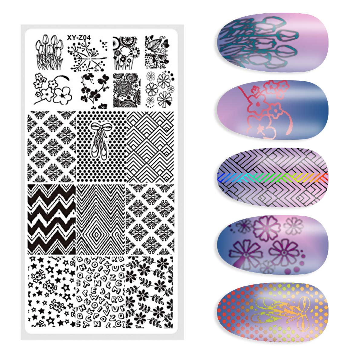 DANNEASY 6Pcs Nail Plate Stamping Set 1Nail Stamper 1Scraper 1Storage Bag Geometry Stripe Butterfly Design Nail Template Image Plate Manicure Stamp Kit
