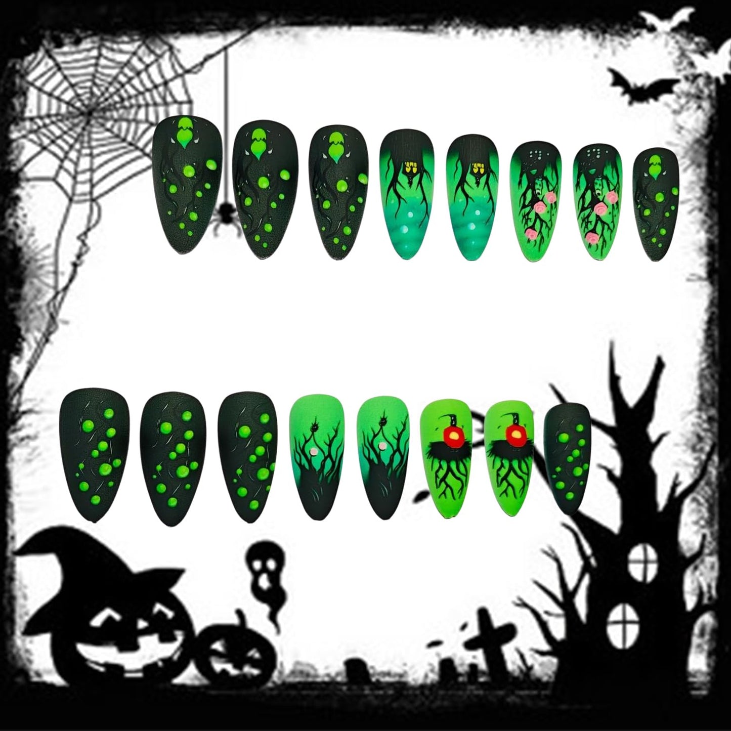 Green Fluorescence Halloween Press on Nails Long Black Forest Castle Rose Pattern Design Halloween Nail Full Cover Glossy Artificial Acrylic False Nail French Tip Almond Glue on Nails for Women 24Pcs