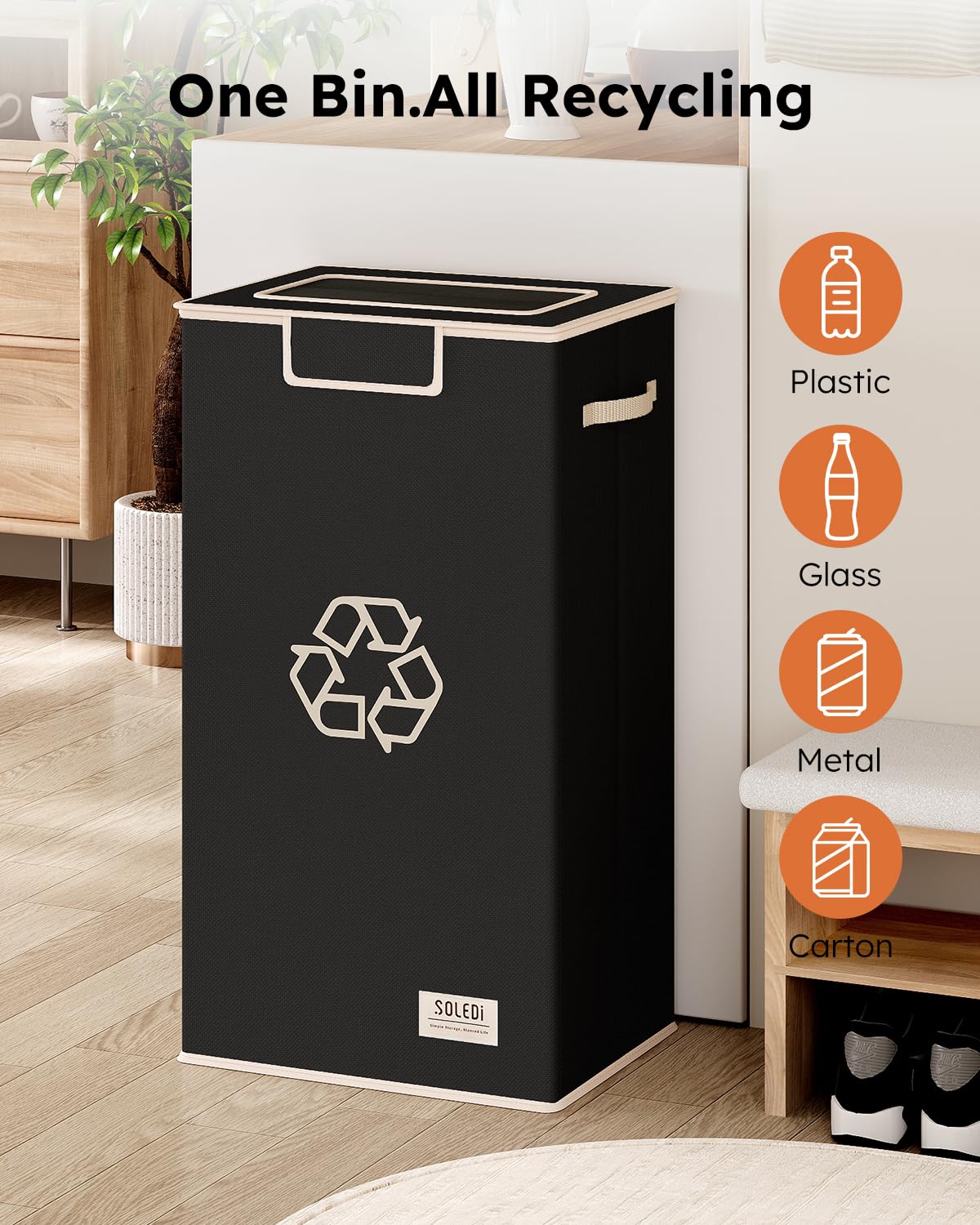 SOLEDI Recycle Bins for Kitchen,26 Gallon Recycling Bin with Lid and 2 Removeable Reusable Inner Bags,Indoor Recycling Trash Can for Collector of Bottles Cans, and Plastic,Black