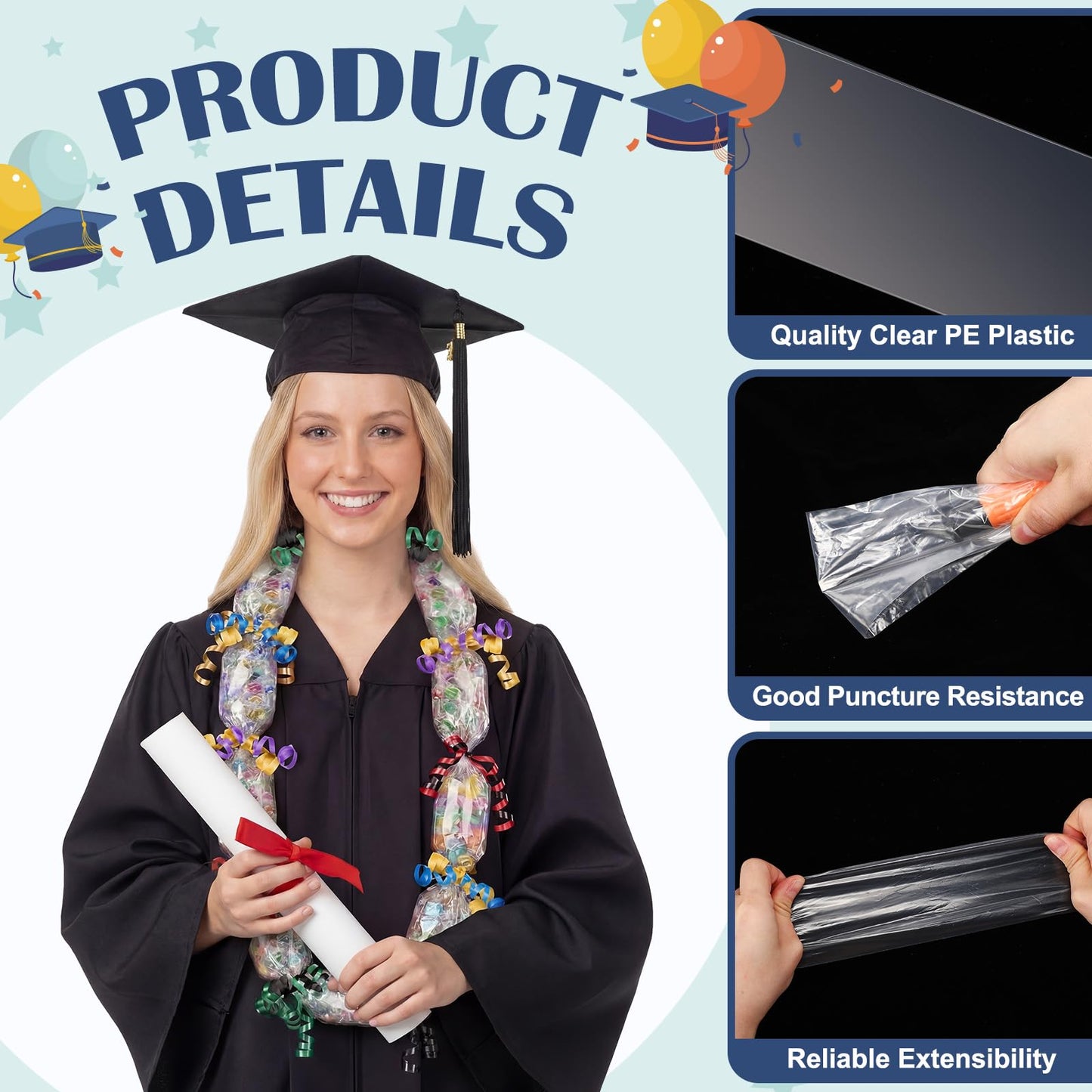 Spakon 60 Pcs 2.76 Inch x 59.06 ft Clear PE Poly Tubing Graduation Candy Wreath Making Kit, 6 Rolls 32.81 ft 6 Colors Ribbon for Graduation Packing DIY Snacks Candy Party Lei Kit