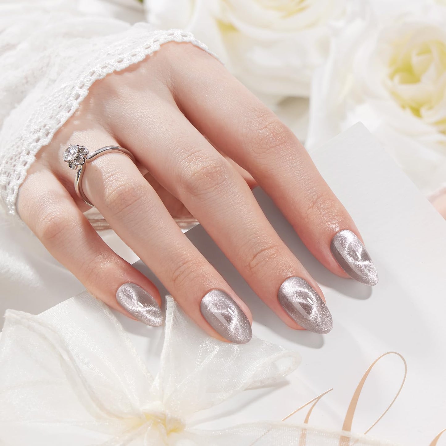 VSALON Press On Nails Short Almond, Cat Eye Spring Glue on Nails Silver Shimmer Ribbon Sparkly Fake Nails With UV Glue Reusable Salon Quality Swirl Summer Stick on Nails for Women - 32 Pcs 16 Sizes