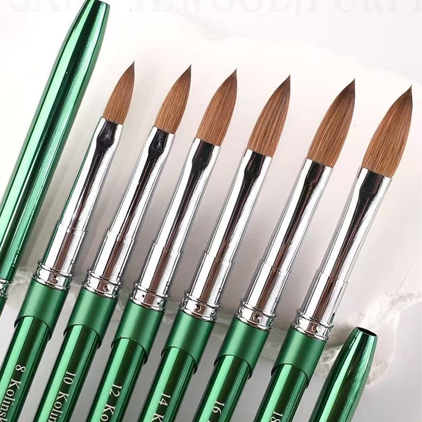 100% Kolinsky Nail Art Brushes Acrylic Nail Brushes Pure Kolinsky Hair Acrylic Crystal Chrome Green Handle with Silver Ferrule Round Shaped for Women Girls Manicure Tools Accessories-Size 12