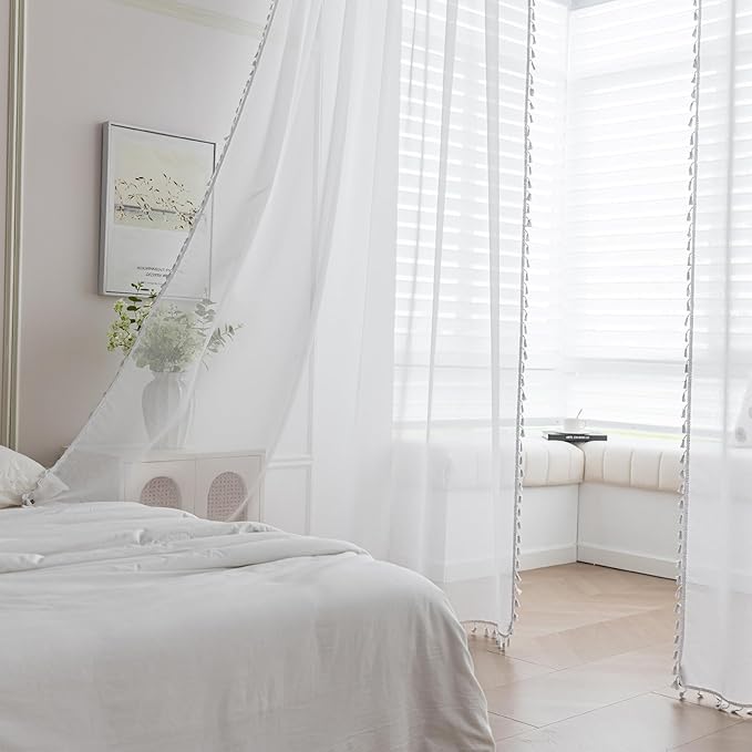 White Sheer Curtains 102 inch Long, Fringed Edges and Textured Semi Sheer Curtains Large Window Treatments for Living Room/Bedroom, 2 Panels