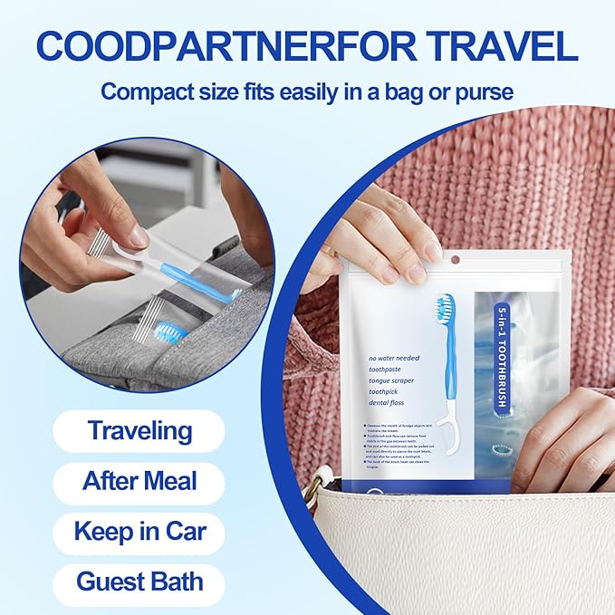 26 Pack Mini Disposable Toothbrushes with Toothpaste 5 in 1 Travel Toothbrush with Toothpaste + Tongue Scraper + Picks+Floss Travel Case Individually Wrapped Portable (Peppermint, 26)