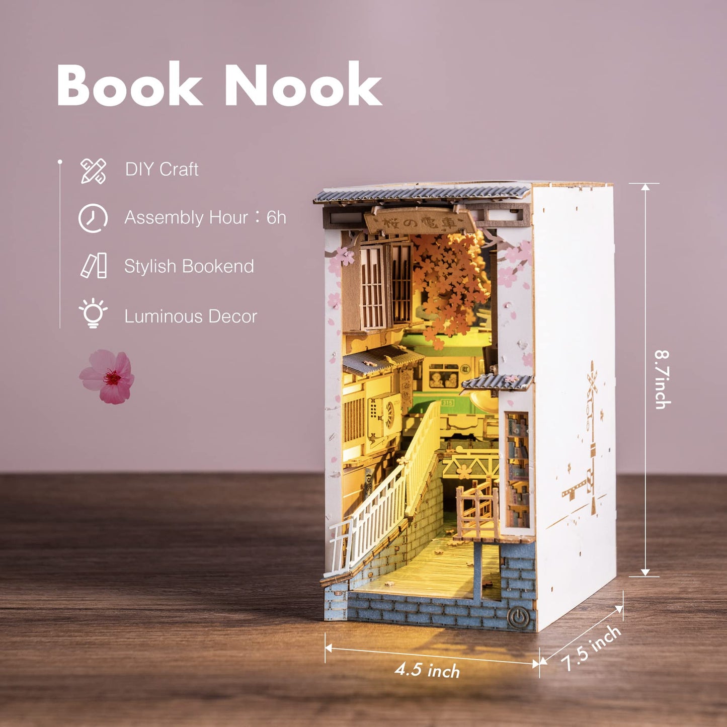 ROBOTIME DIY Book Nook Kit DIY Miniature Dollhouse Booknook Kit 3D Wooden Puzzle with LED Light,Decorative Bookend Bookshelf Insert Decor for Teens and Adults (Sakura Tram)