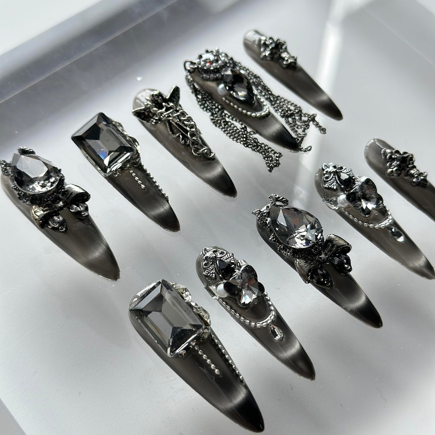 Luxury Press on Nails Long Almond Handmade 3D Unique Reusable ABS Material Fake Nails Black Gothic False Nails with Designs Chain Rhinestones Charms Glitter Glossy Thick Acrylic Nails(M)
