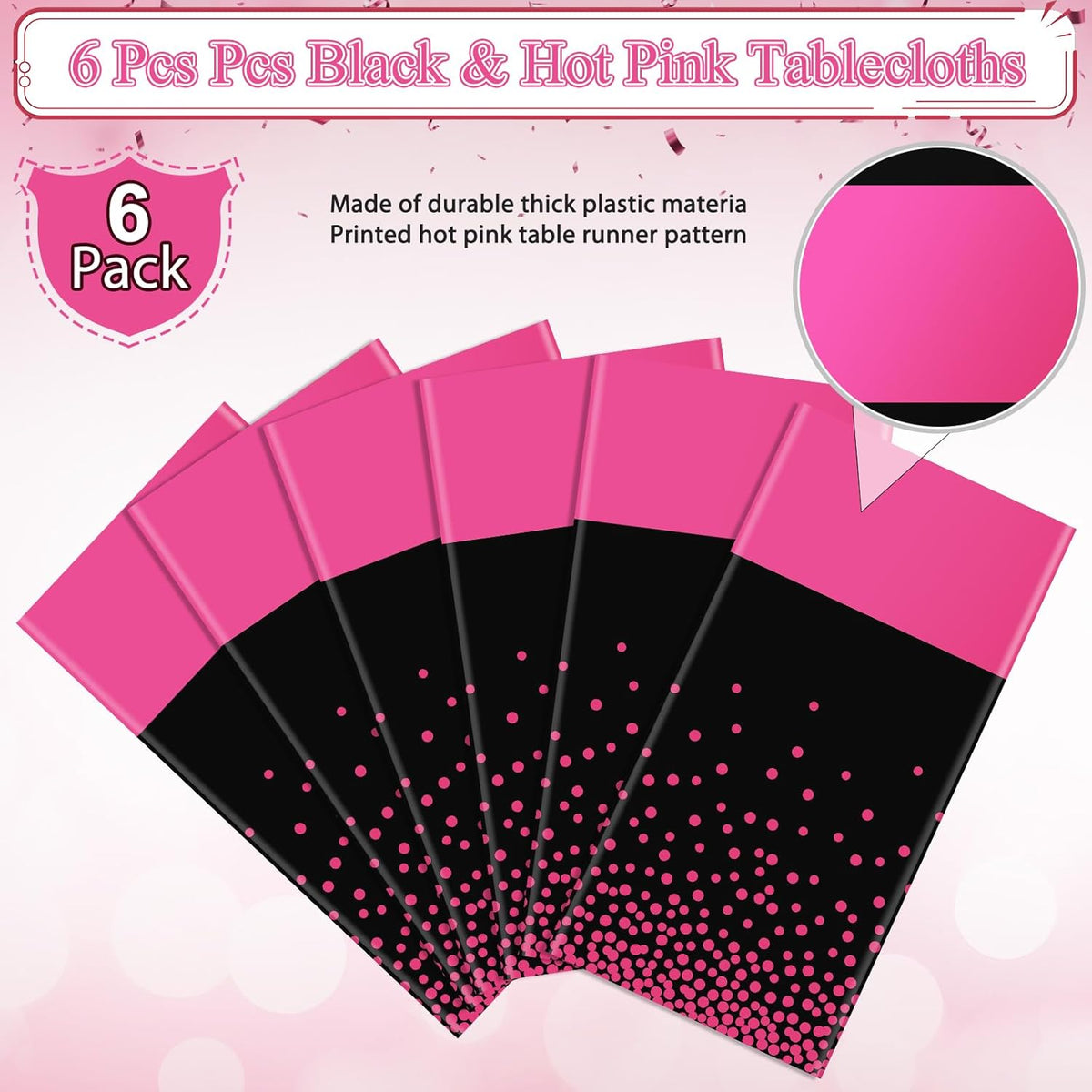 6Pcs Black Hot Pink Tablecloth Party Decorations,Plastic Black Table Cloth Printed Hot Pink Table Runner Disposable Rectangle Cover for Birthday Wedding Anniversary Graduation Party,54x108 Inch