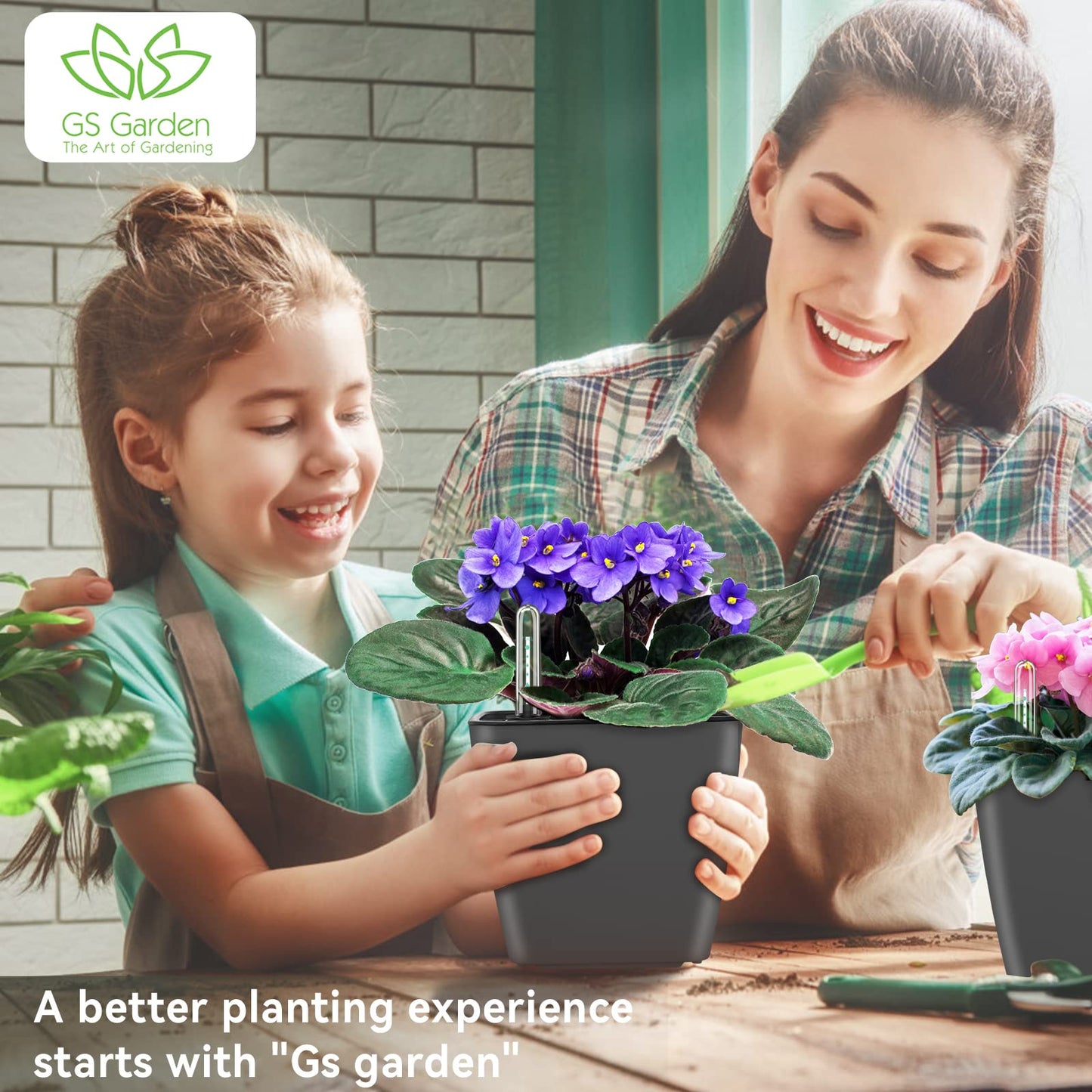 GS Garden Self Watering Planters for Indoor Plants, 5.2 Inch 3 Pack Square Plastic Plant Pots with Water Level Indicator & Drainage System for African Violet Herbs Succulents - Gery
