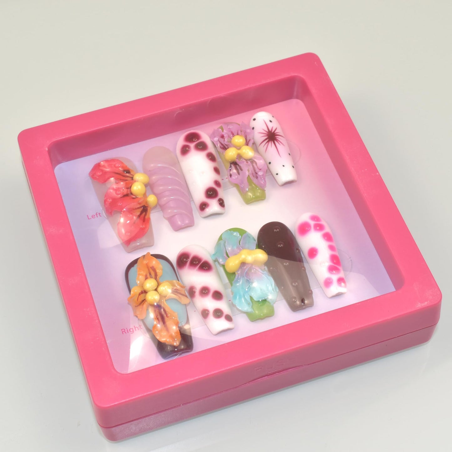 LIFOOST Handmade Press On Nails Long Multicolor 3D Carving Flowers Design 10pcs Hand painted Smudging Glue On Acrylic Fake Nails