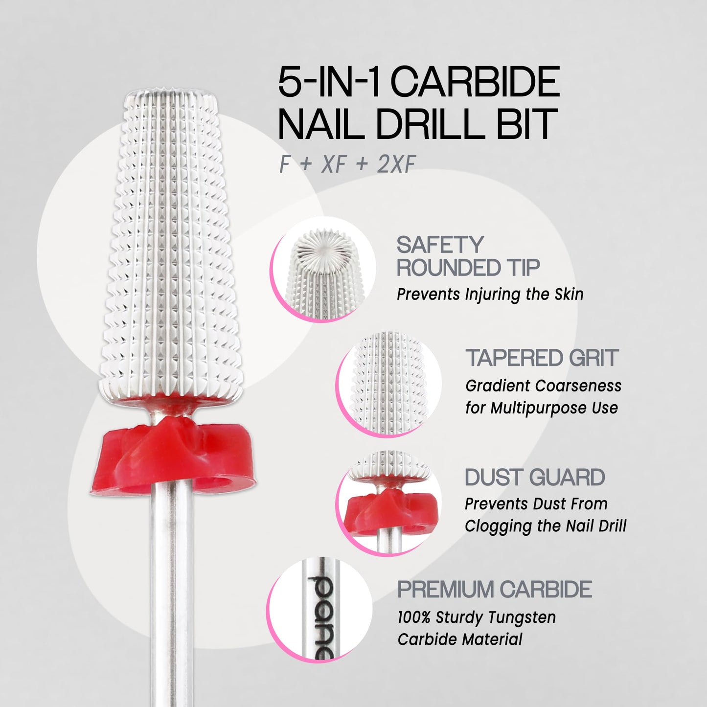PANA Nail Carbide 5 in 1 Bit - Two Way Rotate use for Both Left and Right Handed - Fast Remove Acrylic or Hard Gel - 3/32" Shank - Manicure, Nail Art, Drill Machine (Fine - F, Silver)