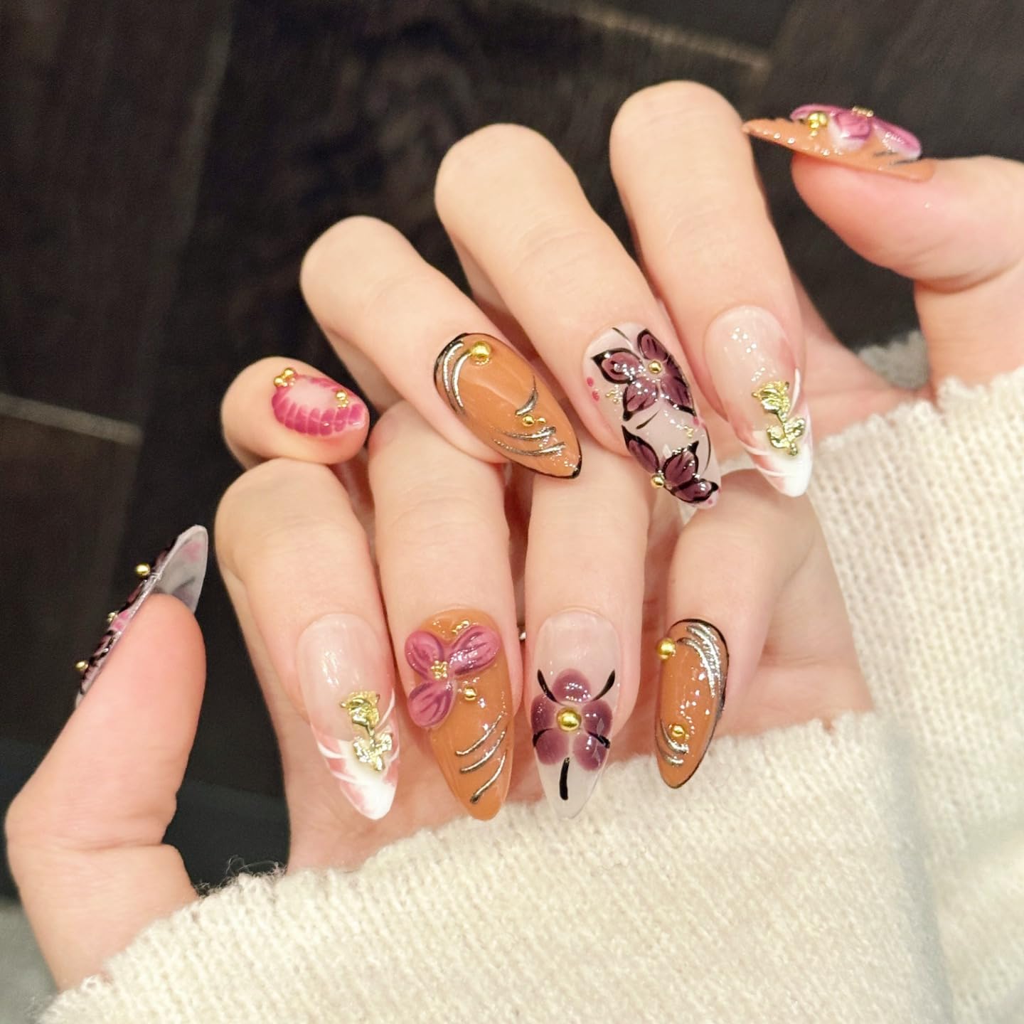 NLSJMP handmade nails press on Salon Quality flower orange gold white pink cute Reusable almond hand-painted gentle acrylic 3D fake nails designed kit,10 Nails, Size M #3330