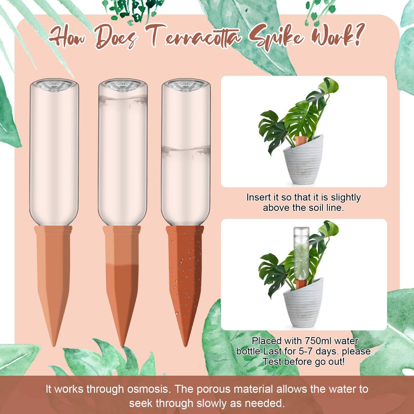 SiliFine 3 Sets Plant Watering Devices Include Terracotta Self Watering Spikes and 26 oz Plastic Bottles, Slow Release Vacation Insert Automatic Plant Waterer Device (Blue Clear Brown and Terracotta)