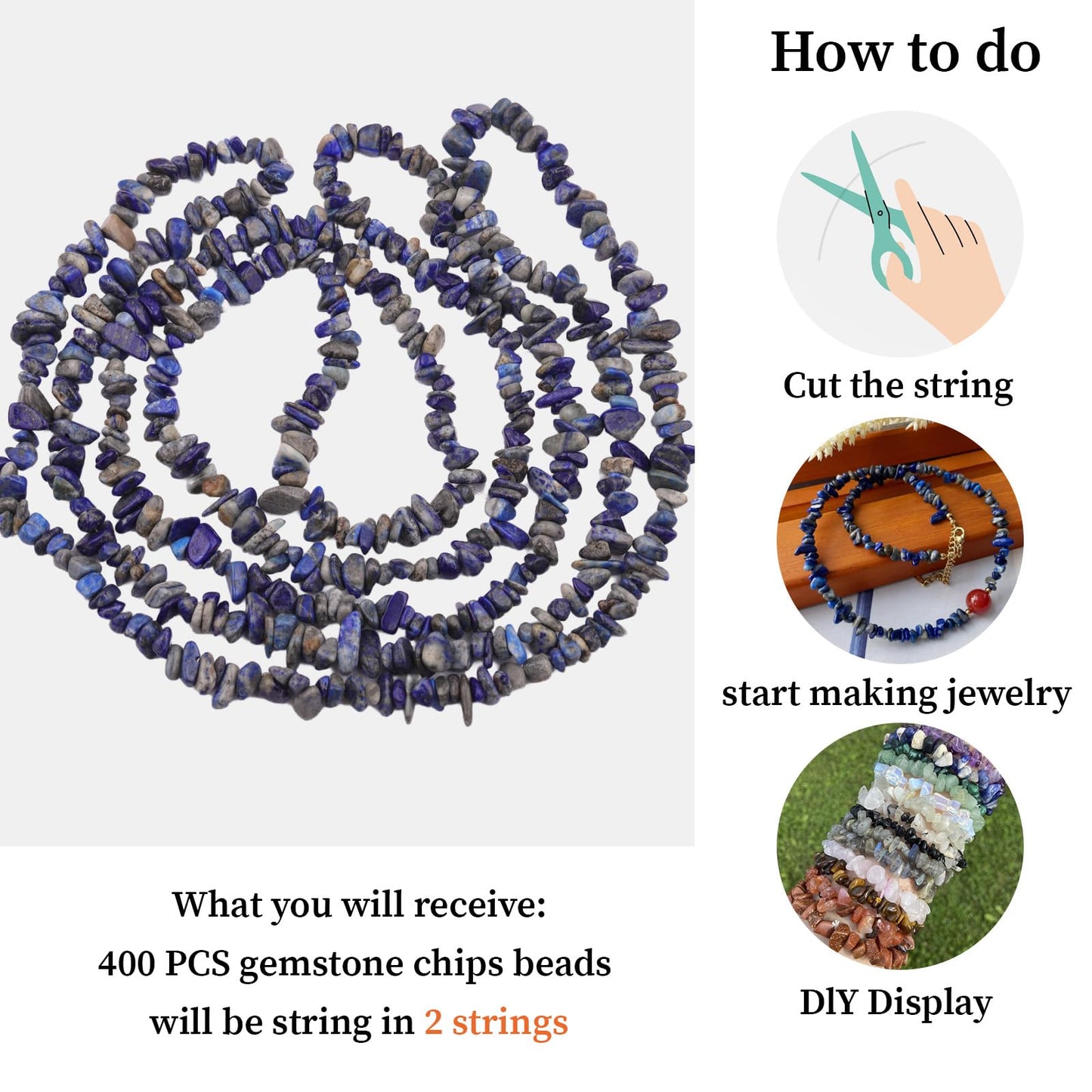 400pcs Natural Chip Stone Beads for Jewelry Making Lapis Lazuli 5-8mm Irregular Gemstones Healing Crystal Loose Rocks Bead Hole Drilled for Ring Earrings Necklace Bracelet Making DIY Art Crafts