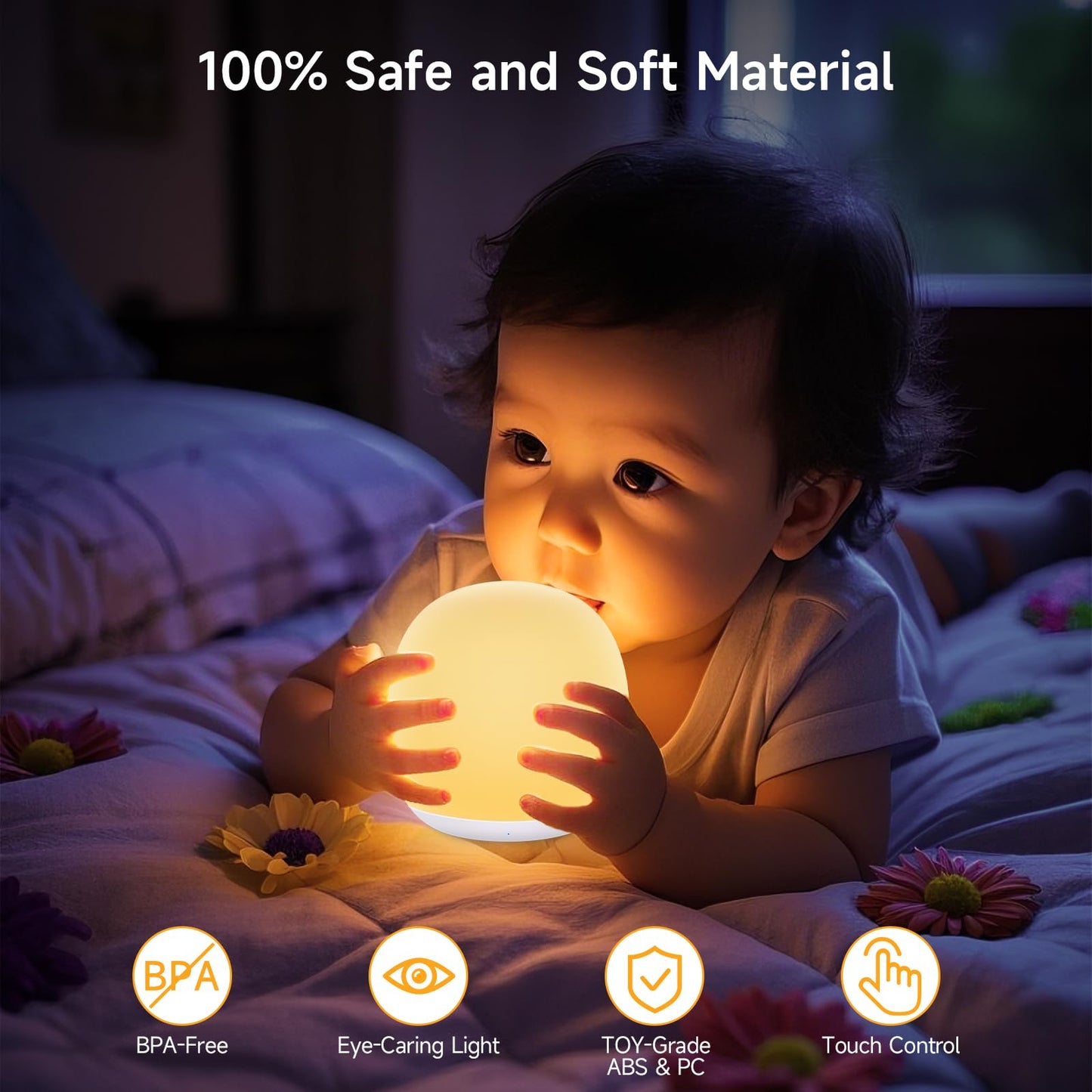 Tyute Baby Night Light, Nursery Night Lamp with 8 RGB Colors Changing, Soft BPA Free Silicone Touch Night Light for Kids Room Breastfeeding, 1h Timer, Rechargeable & Stepless Dimming